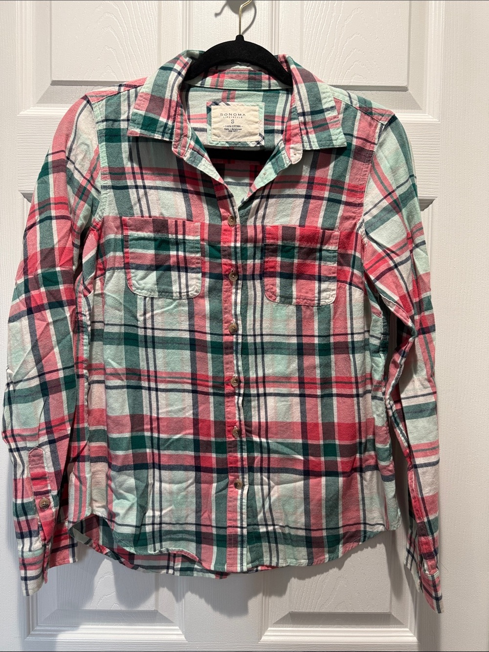 SONOMA Mint Green and Coral Plaid Button-Down Shirt